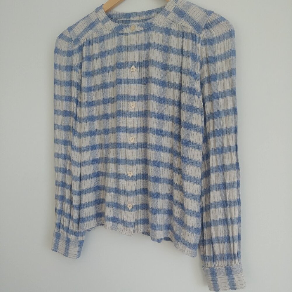 Aritzia Little Moon stripes plaid grey cream blue button down shirt top …